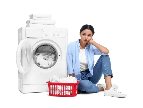Beautiful Woman Sitting Washing Machine Laundry White Background — Stock Photo, Image