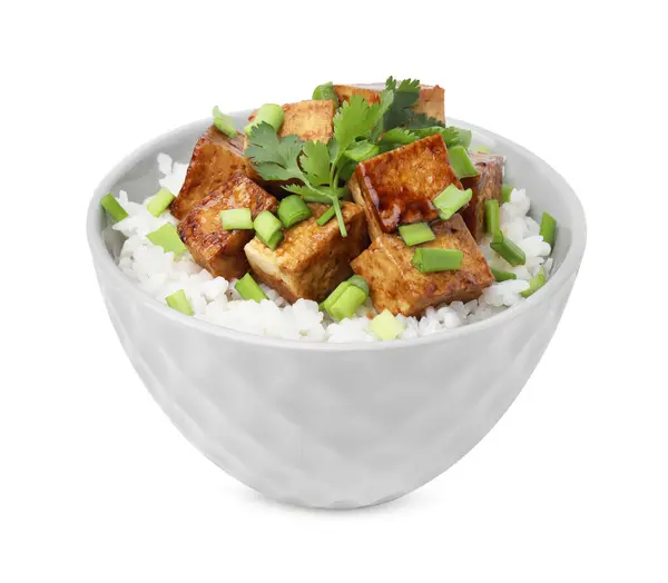 Bol Riz Avec Tofu Frit Légumes Verts Isolés Sur Blanc — Photo