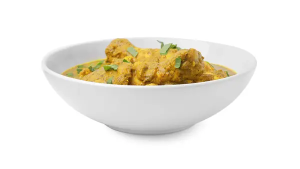 Läcker Kyckling Med Currysås Och Basilika Isolerad Vitt — Stockfoto