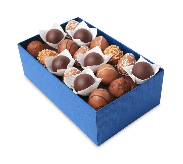 Lådan Med Läckra Choklad Godis Isolerad Vitt — Stockfoto