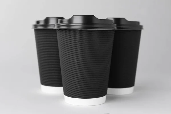 Paper Cups Black Lids Light Grey Background Coffee — Stock Photo, Image