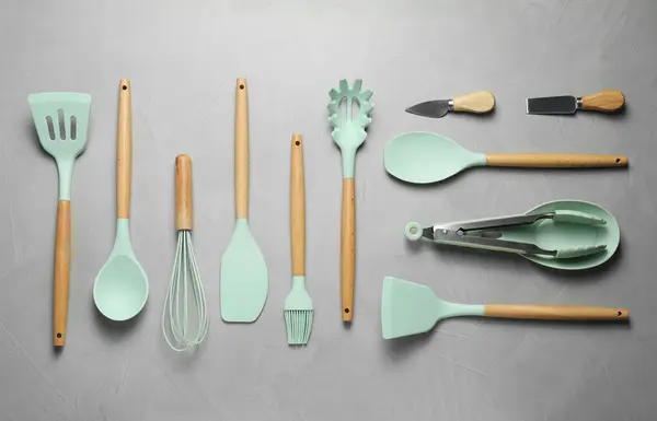 Set Different Kitchen Utensils Grey Table Flat Lay — Stock Photo, Image