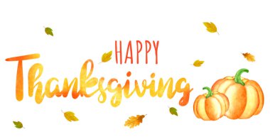 Şükran Günü kartı tasarımı, afiş tarzı. Metin, sonbahar yaprakları ve arka planda kabak, illüstrasyon