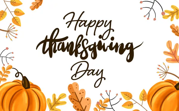 Thanksgiving day card design. Text surrounded by autumn leaves and pumpkins on white background, illustration
