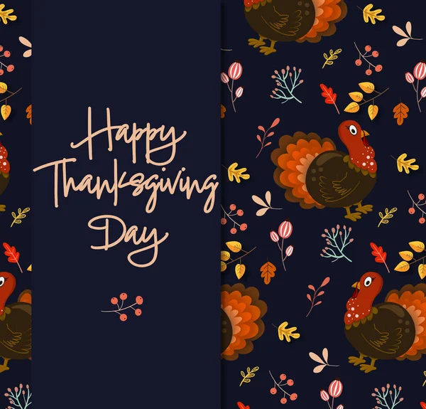 Thanksgiving day card design. Text, pattern of autumn leaves and turkey on dark blue background, illustration