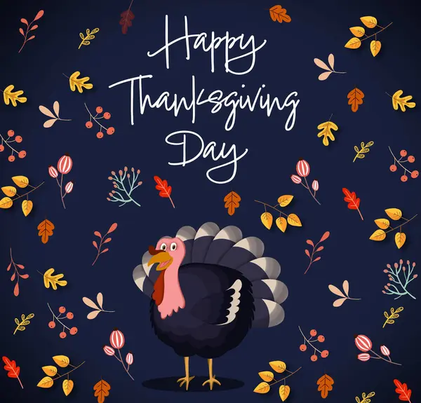 Thanksgiving day card design. Text, autumn leaves and turkey on dark blue background, illustration