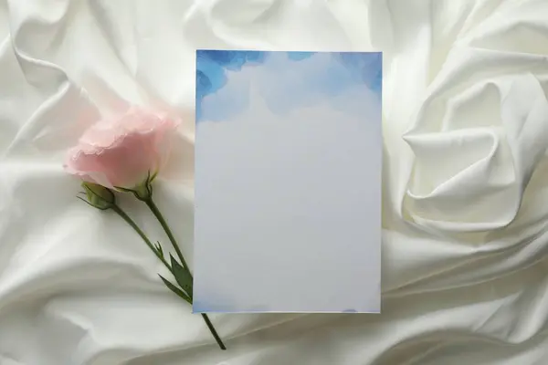 Blank Invitation Card Pink Flower White Fabric Flat Lay — Stock Photo, Image