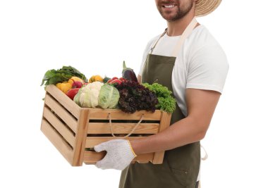 Hasat mevsimi. Beyaz arka planda sebzeli ahşap sandık tutan mutlu çiftçi, yakın plan