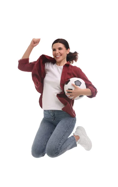 Болельщик Футбольным Мячом Прыгающим Белом Фоне — стоковое фото