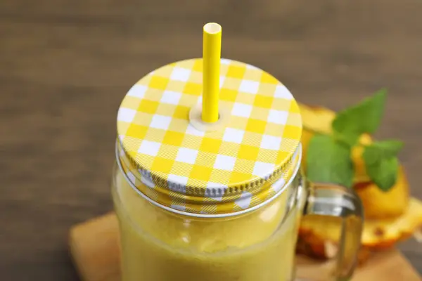 Tasty Pineapple Smoothie Jar Mint Sliced Fruit Wooden Table Closeup — Stock Photo, Image