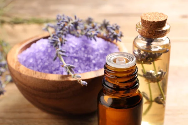 Bowl Sea Salt Essential Oil Lavender Flowers Wooden Table Closeup — Stock Photo, Image