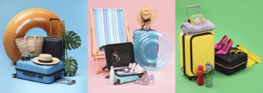 Farklı renkte bavullar ve plaj aksesuarları ile ayarlandı