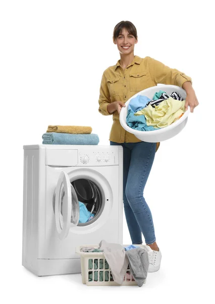 Beautiful Woman Laundry Washing Machine White Background — Stock Photo, Image