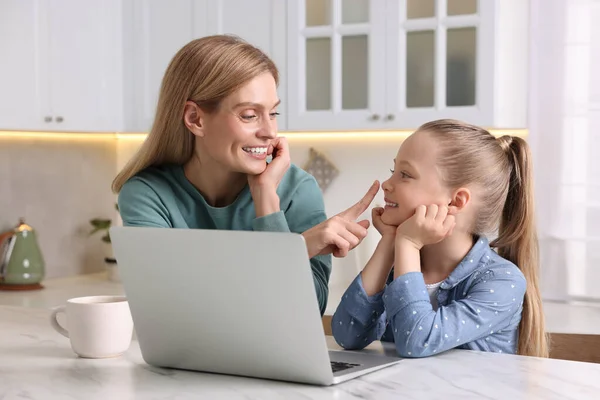 Happy Woman Her Daughter Laptop White Table Indoors — Stock Photo, Image