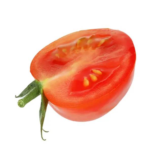 Die Hälfte Der Reifen Kirschtomaten Isoliert Auf Weiß — Stockfoto