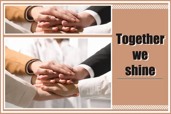 Parceria União Cooperação Colagem Com Foto Pessoas Unindo Mãos Close — Fotografia de Stock