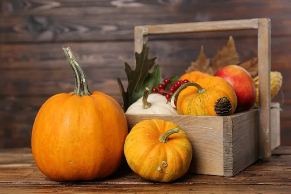 Happy Thanksgiving Day Composition Pumpkins Berries Wooden Table — Stock Photo, Image