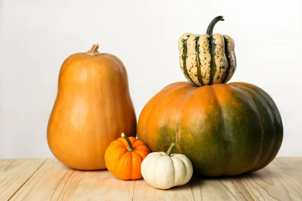 Thanksgiving Day Many Different Pumpkins Wooden Table — Stock Photo, Image
