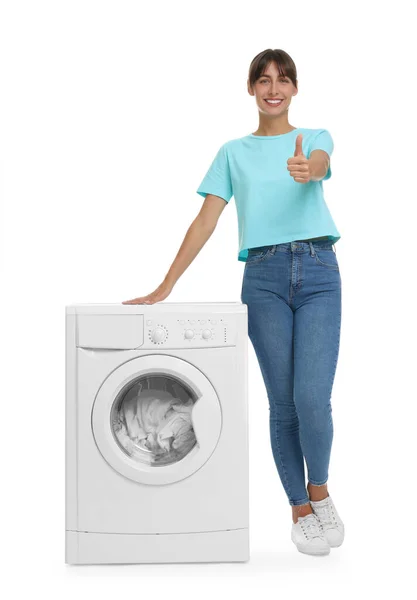 Beautiful Woman Showing Thumbs Washing Machine Laundry White Background — Stock Photo, Image