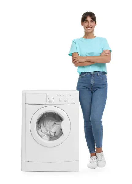 Beautiful Woman Washing Machine Laundry White Background — Stock Photo, Image