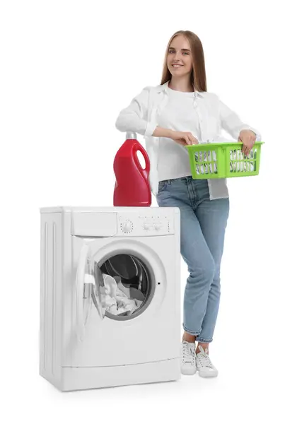 Beautiful Young Woman Laundry Basket Washing Machine White Background — Stock Photo, Image