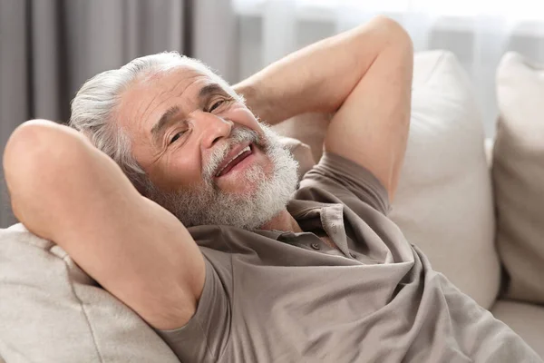 Portrait Senior Man Sofa Home — Stock Photo, Image