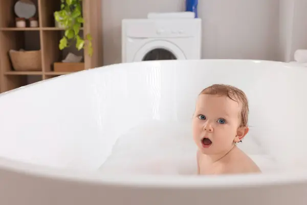 Cute Little Baby Taking Foamy Bath Home Space Text — Stock Photo, Image