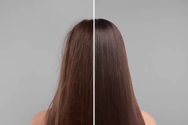 灰色の背景 バックビューで髪の治療の前後に半分に分割された女性の写真 — ストック写真