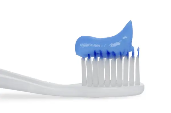 Zahnbürste Aus Kunststoff Mit Paste Auf Weißem Hintergrund Nahaufnahme — Stockfoto