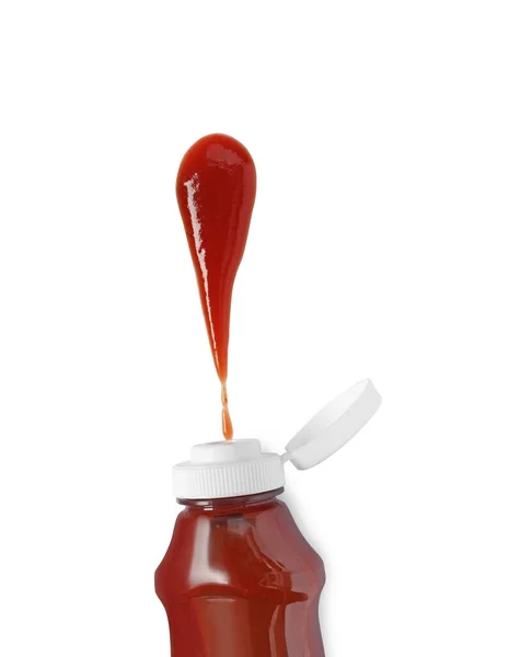 从白色的顶部视图隔离的瓶子中挤出来的番茄酱 — 图库照片