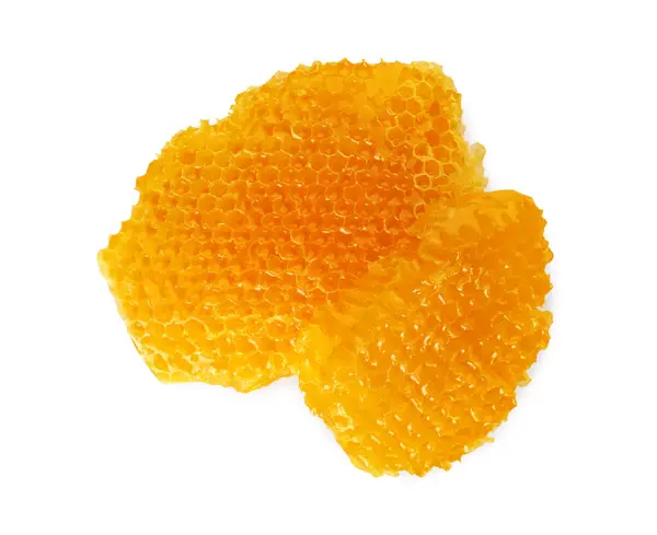 Cijfers Van Natuurlijke Honingraat Met Smakelijke Honing Geïsoleerd Wit Bovenaanzicht — Stockfoto