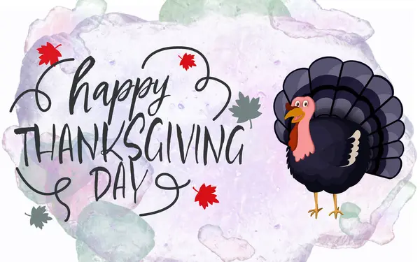 Thanksgiving day card design. Text, autumn leaves and turkey on color background, illustration
