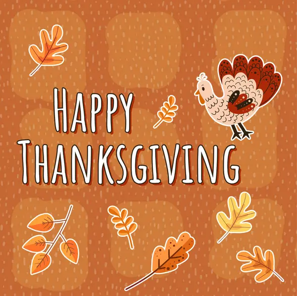 Thanksgiving day card design. Text, autumn leaves and turkey on orange background, illustration