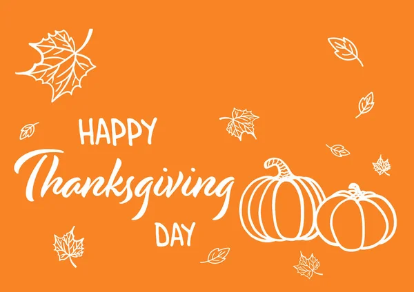 Thanksgiving day card design. Text, leaves and pumpkins on orange background, illustration