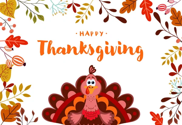 Thanksgiving day card design. Text and turkey in frame of autumn leaves on white background, illustration