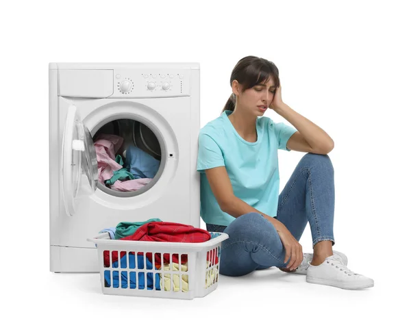 Unhappy Woman Washing Machine Laundry White Background — Stock Photo, Image