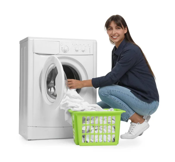 Beautiful Woman Taking Laundry Out Washing Machine White Background — Stock Photo, Image