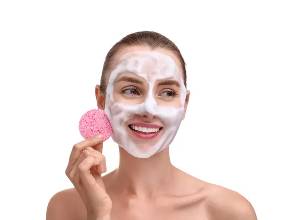 Happy Young Woman Washing Her Face Sponge White Background — Stock Photo, Image