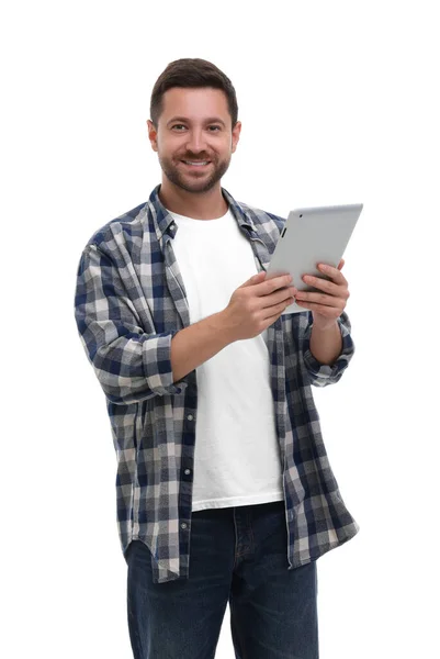 Ευτυχισμένος Άνθρωπος Tablet Λευκό Φόντο — Φωτογραφία Αρχείου
