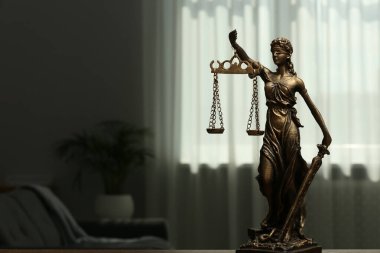 Figure of Lady Justice indoors, space for text. Symbol of fair treatment under law clipart