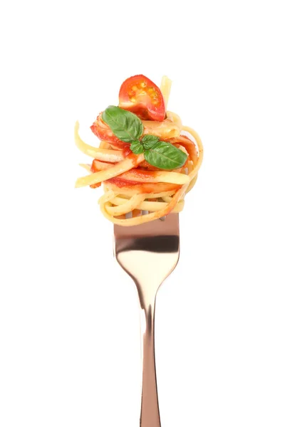 Fork Tasty Pasta Tomato Sauce Basil Isolated White Top View — Stock Photo, Image
