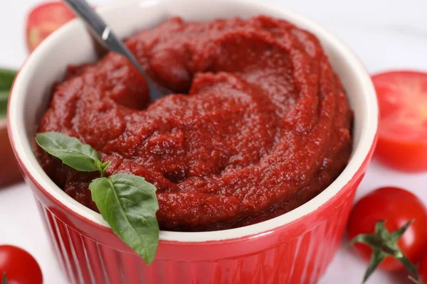 Tasty Tomato Paste Basil Bowl Closeup — Stock Photo, Image
