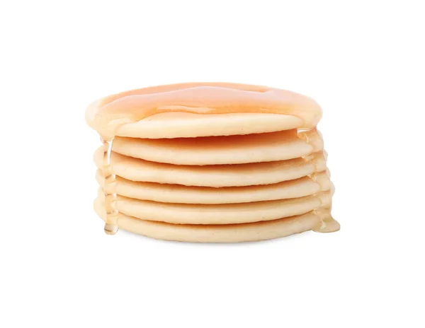 Leckere Pfannkuchen Mit Honig Isoliert Auf Weiß — Stockfoto