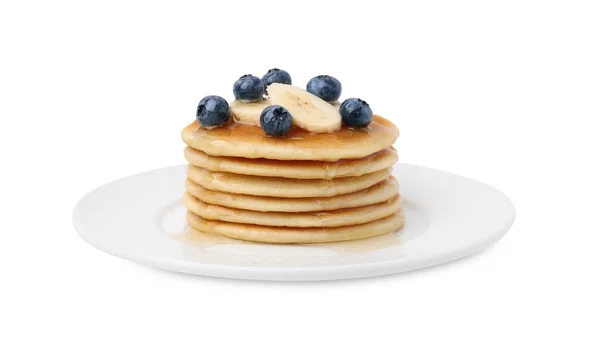 Pancake Lezat Dengan Irisan Pisang Blueberry Dan Madu Terisolasi Atas — Stok Foto