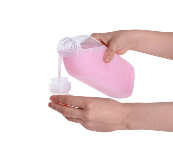 Woman Pouring Fabric Softener Bottle Cap White Background Closeup — Stock Photo, Image