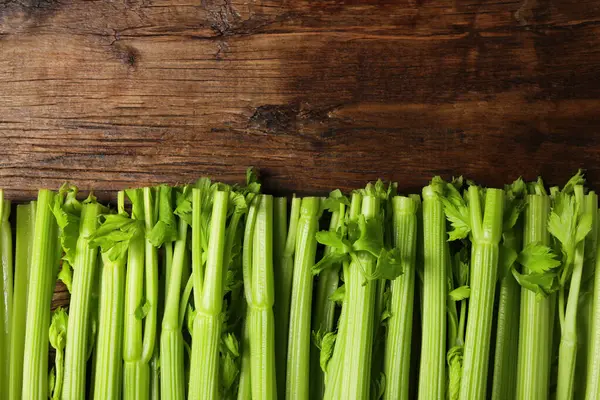 Fresh Ripe Green Celery Wooden Table Flat Lay Space Text — Stock Photo, Image