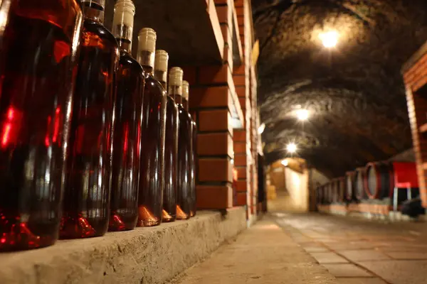 Beregove Ουκρανία Ιουνίου 2023 Πολλά Μπουκάλια Κόκκινο Κρασί Στα Ράφια — Φωτογραφία Αρχείου