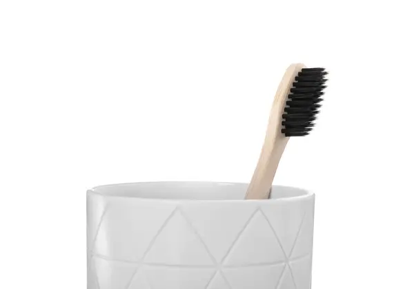 Bambus Zahnbürste Halterung Isoliert Auf Weiß — Stockfoto