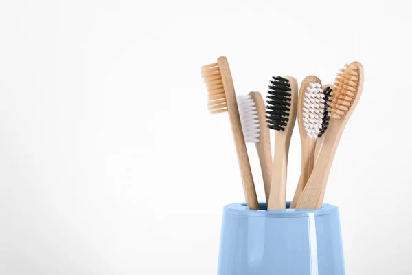 Bamboo Toothbrushes Holder White Background Space Text — Stock Photo, Image