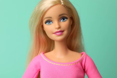 Mykolaiv, Ukrayna - 2 Eylül 2023: Turkuaz arka planda güzel Barbie bebek